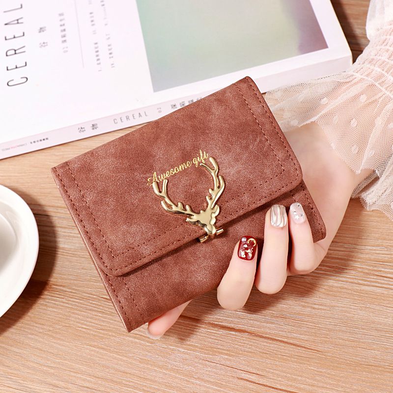 Short Wallet Cute Female Folding Wallet Deer Head Three Fold Small Wallet