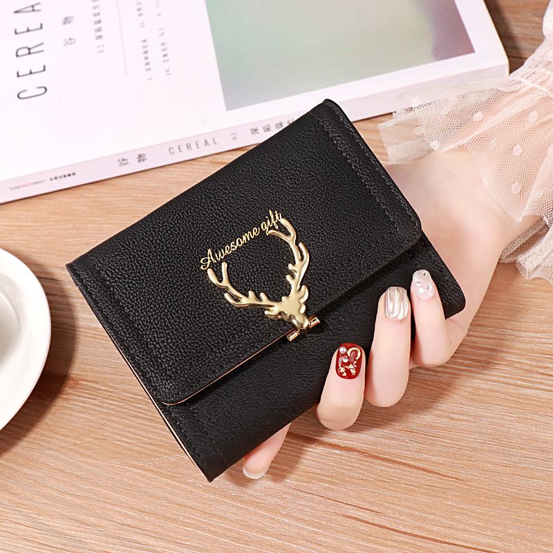 Short Wallet Cute Female Folding Wallet Deer Head Three Fold Small Wallet