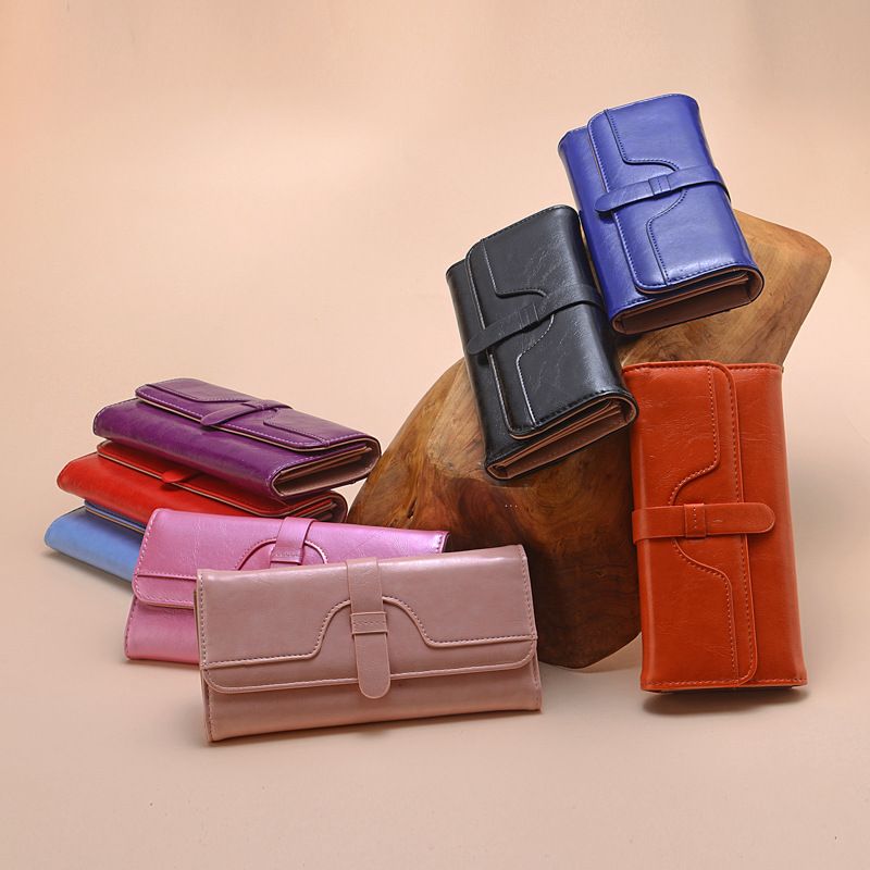 Women's Wallet Long Fashion Oil Wax Leather Triple Fold Drawstring Solid Color Retro Women's Wallet