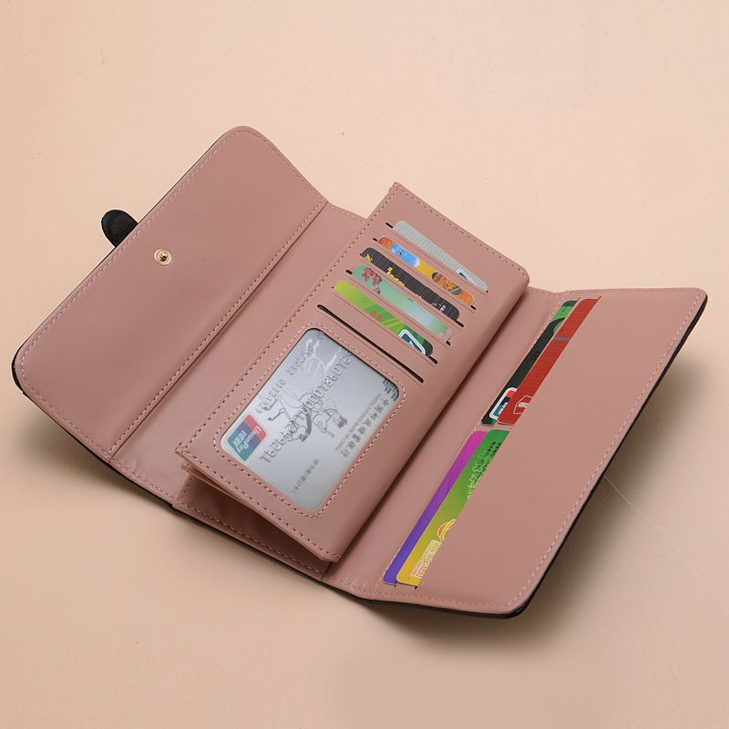 Women's Wallet Long Fashion Oil Wax Leather Triple Fold Drawstring Solid Color Retro Women's Wallet
