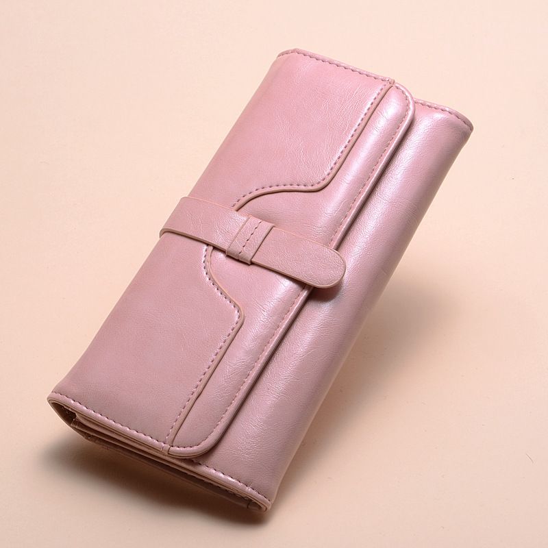 Women's Wallet Long Fashion Oil Wax Leather Triple Fold Drawstring Solid Color Retro Women's Wallet