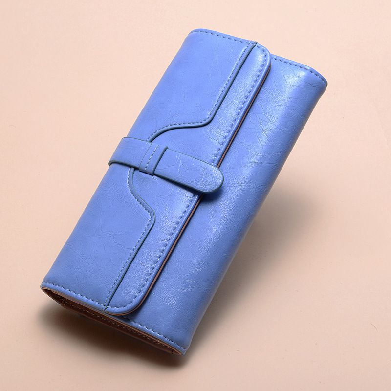 Women's Wallet Long Fashion Oil Wax Leather Triple Fold Drawstring Solid Color Retro Women's Wallet
