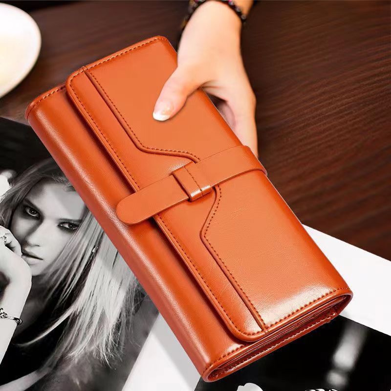 Women's Wallet Long Fashion Oil Wax Leather Triple Fold Drawstring Solid Color Retro Women's Wallet
