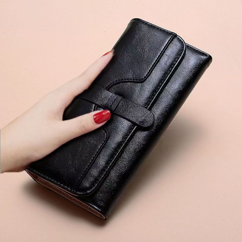 Women's Wallet Long Fashion Oil Wax Leather Triple Fold Drawstring Solid Color Retro Women's Wallet