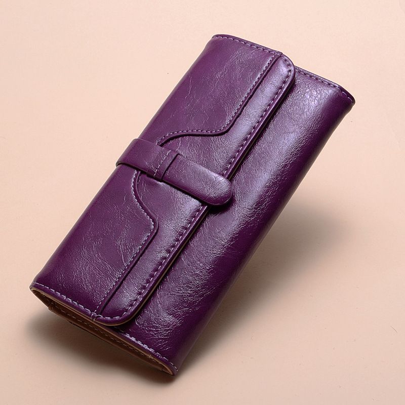 Women's Wallet Long Fashion Oil Wax Leather Triple Fold Drawstring Solid Color Retro Women's Wallet