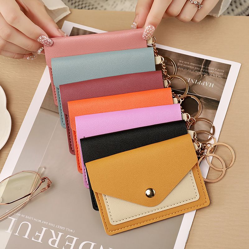 Candy Colored PU Leather Mini Credit Card Wallet, Simple And Portable, Thin, Snap On, Short, Multiple Card Clips