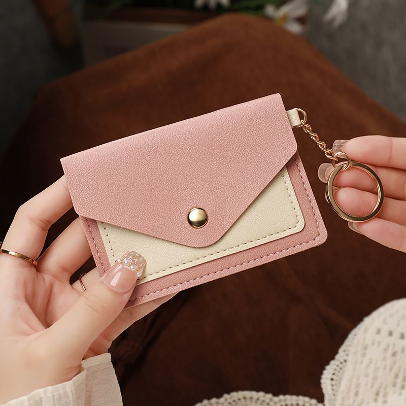 Candy Colored PU Leather Mini Credit Card Wallet, Simple And Portable, Thin, Snap On, Short, Multiple Card Clips