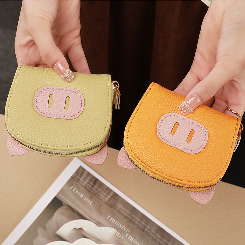 Litchi Pattern Short Organ Card Bag, ID Bag, Candy Color Cute Pig, Multi Card Slot Card Bag, Coin Purse Zipper Bag