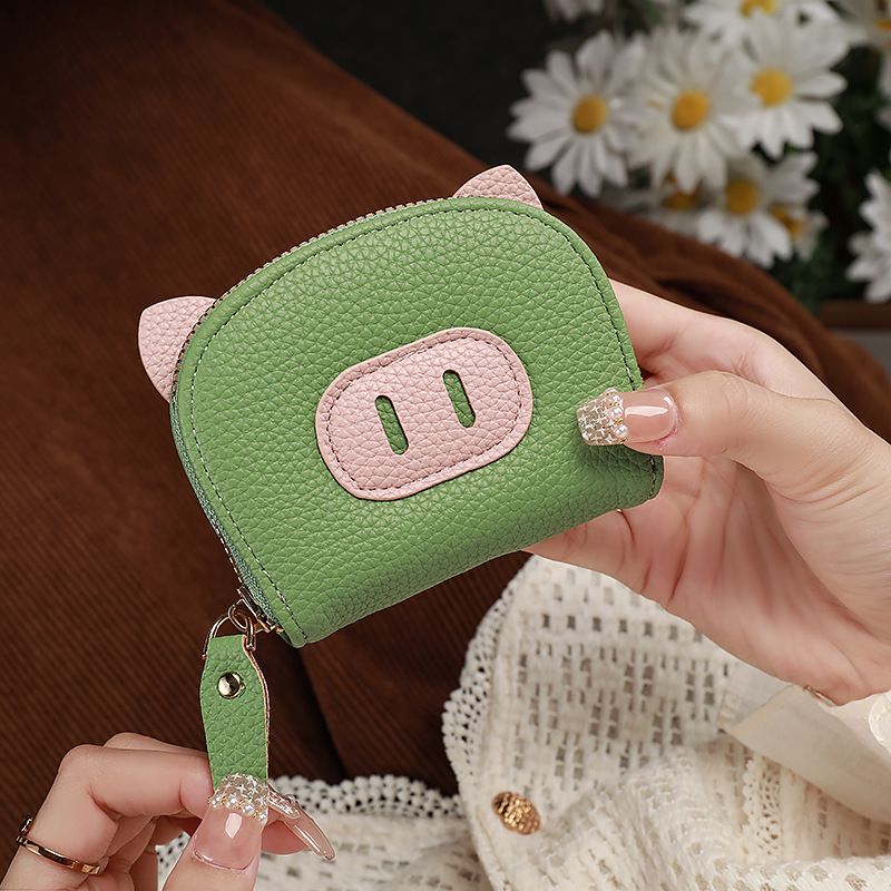Litchi Pattern Short Organ Card Bag, ID Bag, Candy Color Cute Pig, Multi Card Slot Card Bag, Coin Purse Zipper Bag