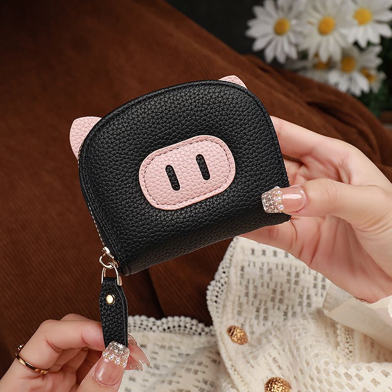 Litchi Pattern Short Organ Card Bag, ID Bag, Candy Color Cute Pig, Multi Card Slot Card Bag, Coin Purse Zipper Bag
