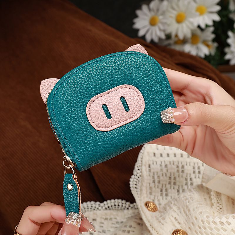 Litchi Pattern Short Organ Card Bag, ID Bag, Candy Color Cute Pig, Multi Card Slot Card Bag, Coin Purse Zipper Bag