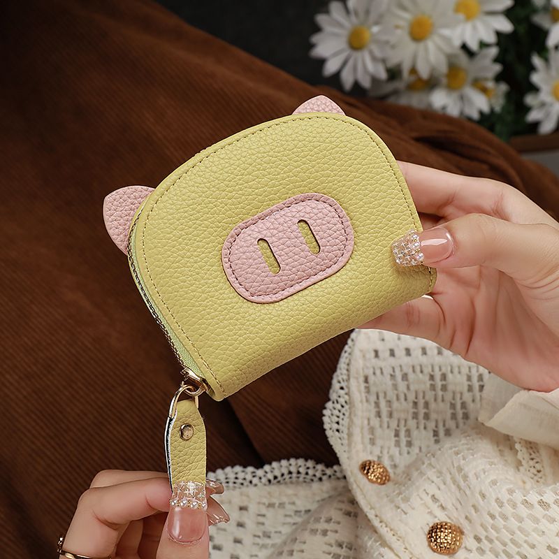 Litchi Pattern Short Organ Card Bag, ID Bag, Candy Color Cute Pig, Multi Card Slot Card Bag, Coin Purse Zipper Bag