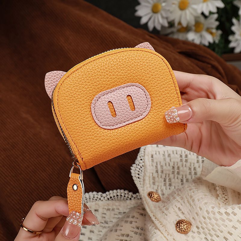 Litchi Pattern Short Organ Card Bag, ID Bag, Candy Color Cute Pig, Multi Card Slot Card Bag, Coin Purse Zipper Bag