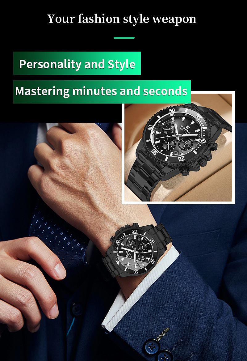 VAVAVOOM - Multifunction Chronograph 3-Eye Quartz Waterproof Luminous Green Aqua Ghost Men's Watch