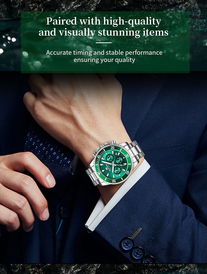 VAVAVOOM - Multifunction Chronograph 3-Eye Quartz Waterproof Luminous Green Aqua Ghost Men's Watch