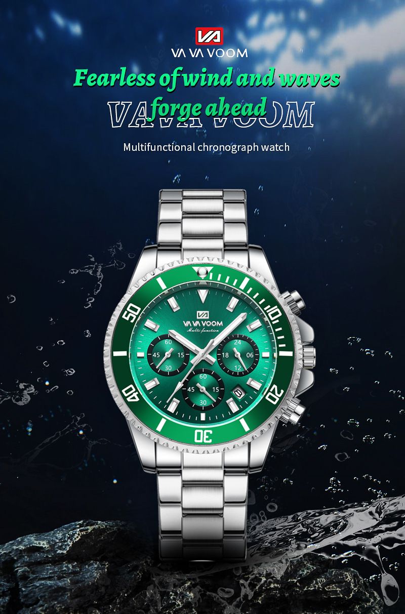 VAVAVOOM - Multifunction Chronograph 3-Eye Quartz Waterproof Luminous Green Aqua Ghost Men's Watch