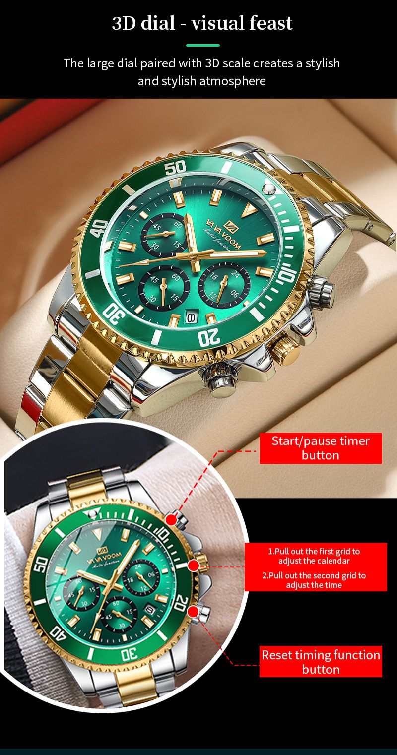 VAVAVOOM - Multifunction Chronograph 3-Eye Quartz Waterproof Luminous Green Aqua Ghost Men's Watch