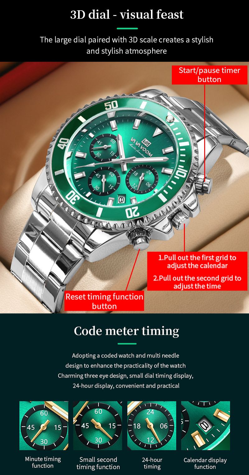 VAVAVOOM - Multifunction Chronograph 3-Eye Quartz Waterproof Luminous Green Aqua Ghost Men's Watch