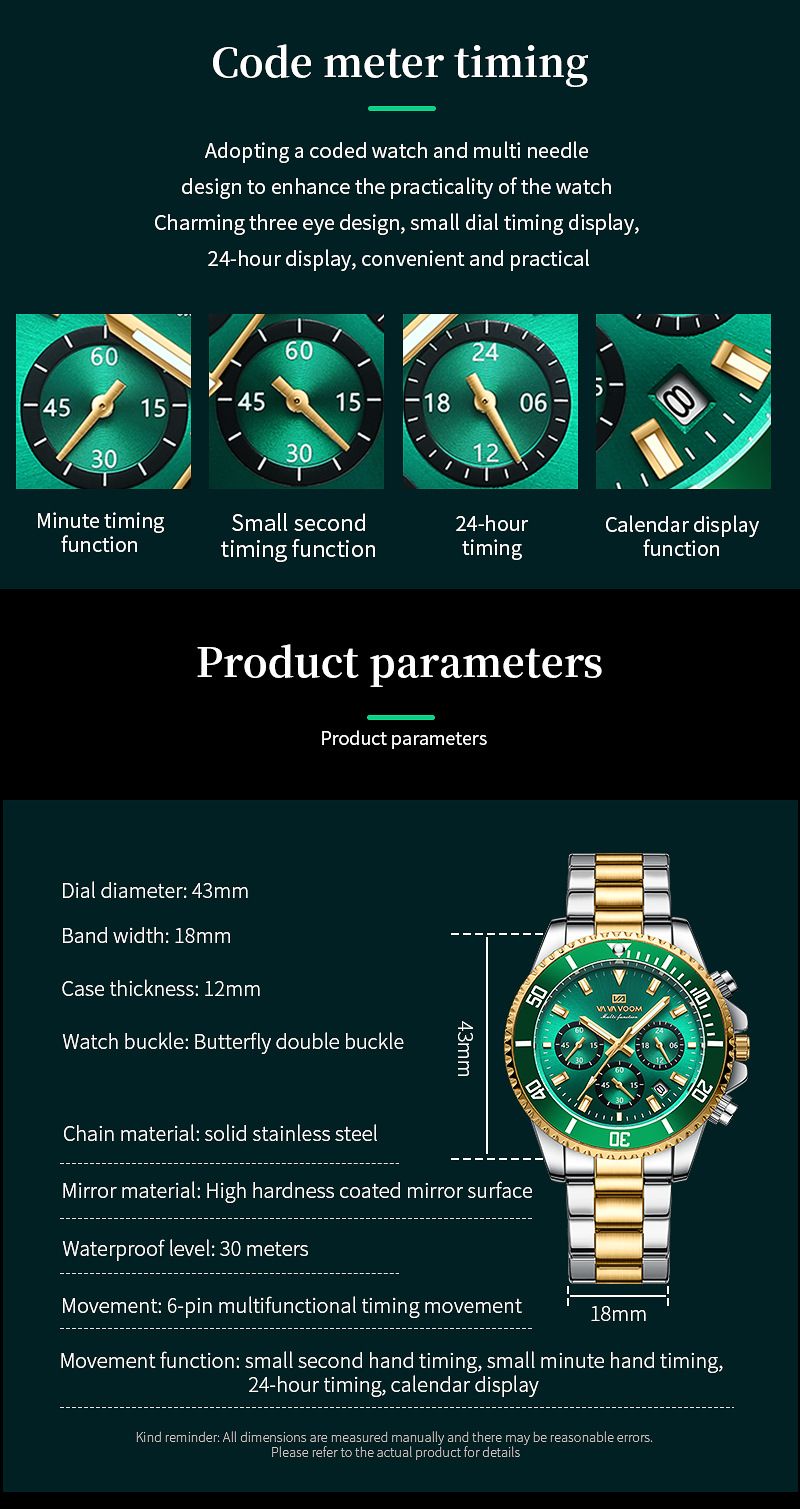 VAVAVOOM - Multifunction Chronograph 3-Eye Quartz Waterproof Luminous Green Aqua Ghost Men's Watch