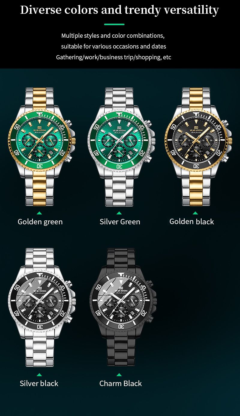 VAVAVOOM - Multifunction Chronograph 3-Eye Quartz Waterproof Luminous Green Aqua Ghost Men's Watch