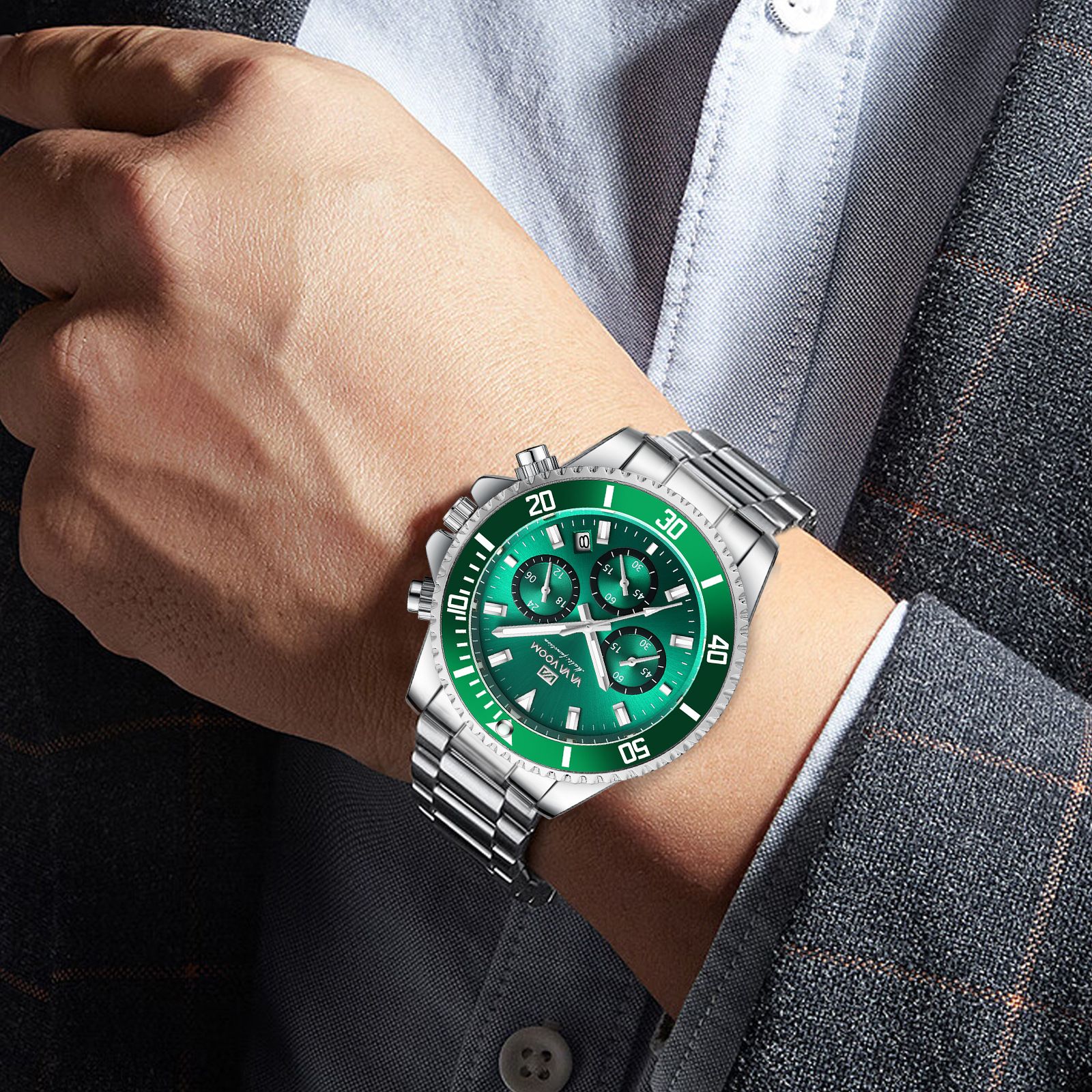 VAVAVOOM - Multifunction Chronograph 3-Eye Quartz Waterproof Luminous Green Aqua Ghost Men's Watch