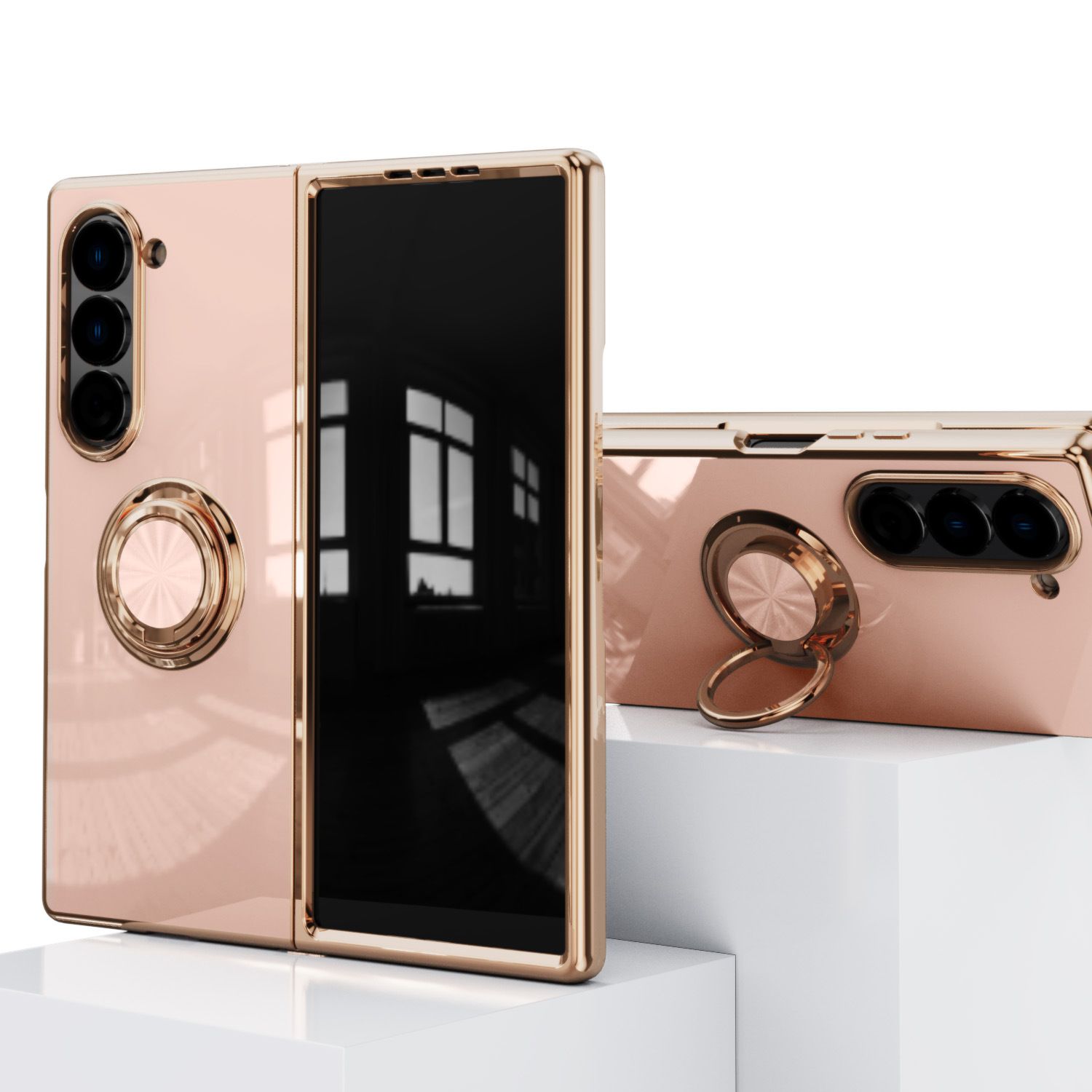 Luxury 6D Electroplated Soft TPU Shockproof Metal Ring Holder Silicone Phone Case Cover for Samsung Z Fold 4 5 6 7