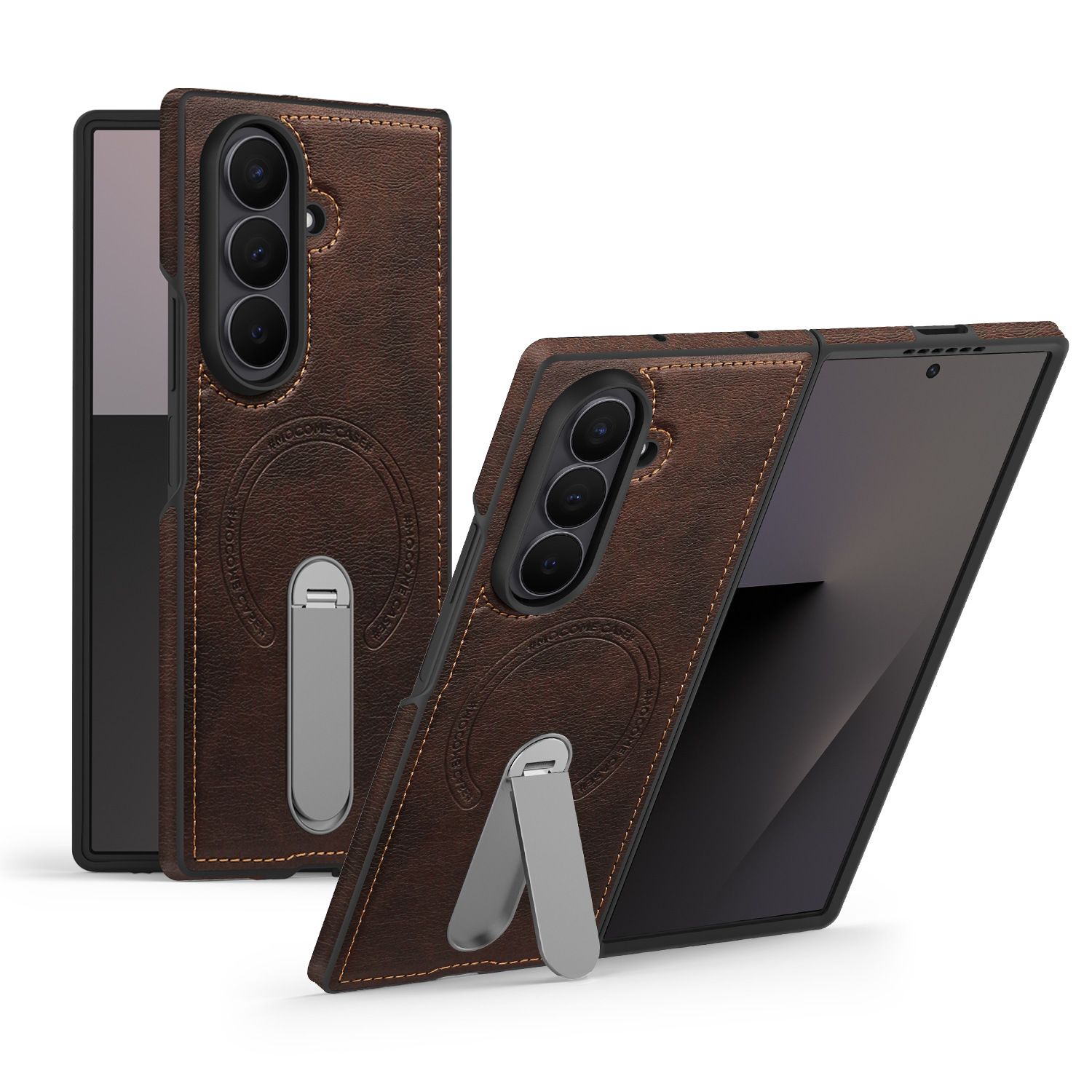 PU Leather Phone Case for Samsung Galaxy Z Fold 7 6 5 4 3 with Magnetic Invisible Kickstand Holder Protective Cellphone Cover