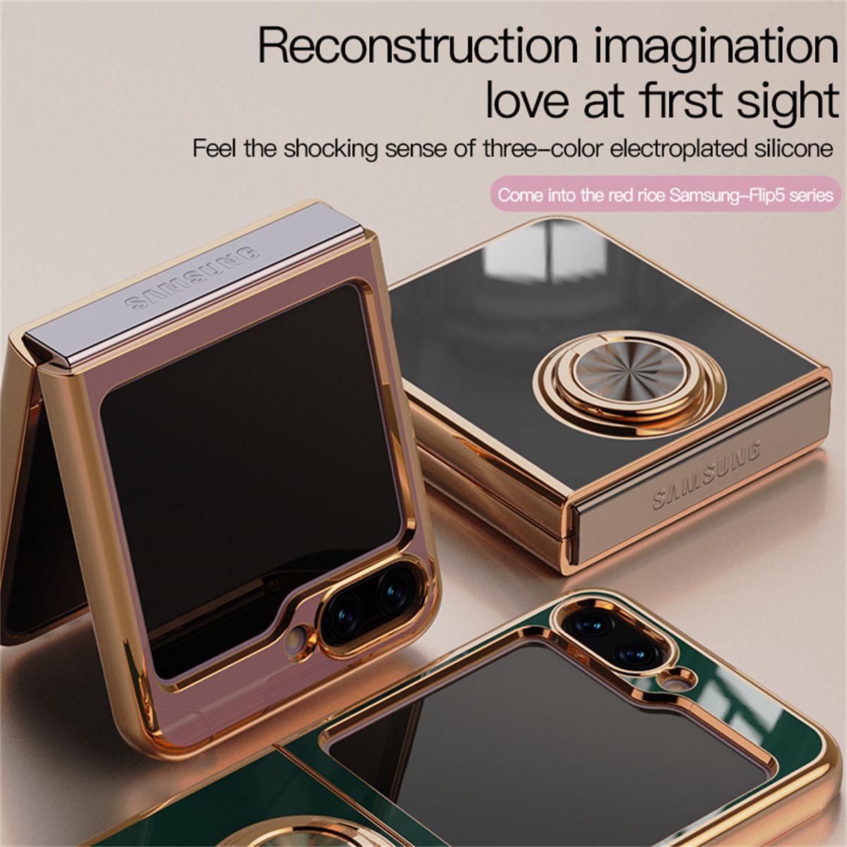 6D Glossy Electroplating Slim Full Coverage Silicone Phone Protective Case with Magnetic Ring Holder for Samsung Galaxy Z Flip 7 6 5 4 3