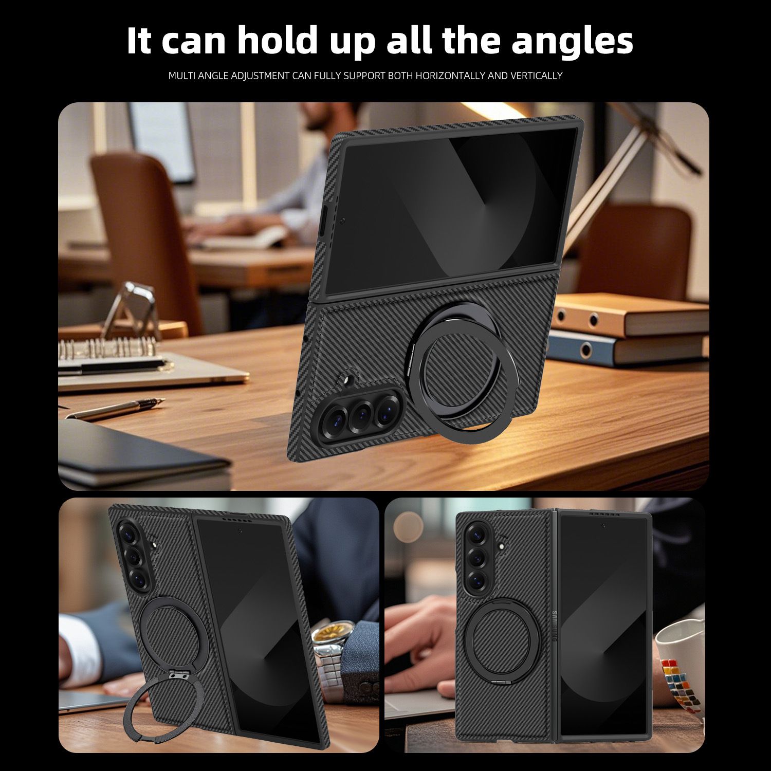 Carbon Fiber Folding Phone Case with Metal Ring Kickstand Holder Protective Back Cover Case for Samsung Galaxy Z Fold7 6 5 4 3
