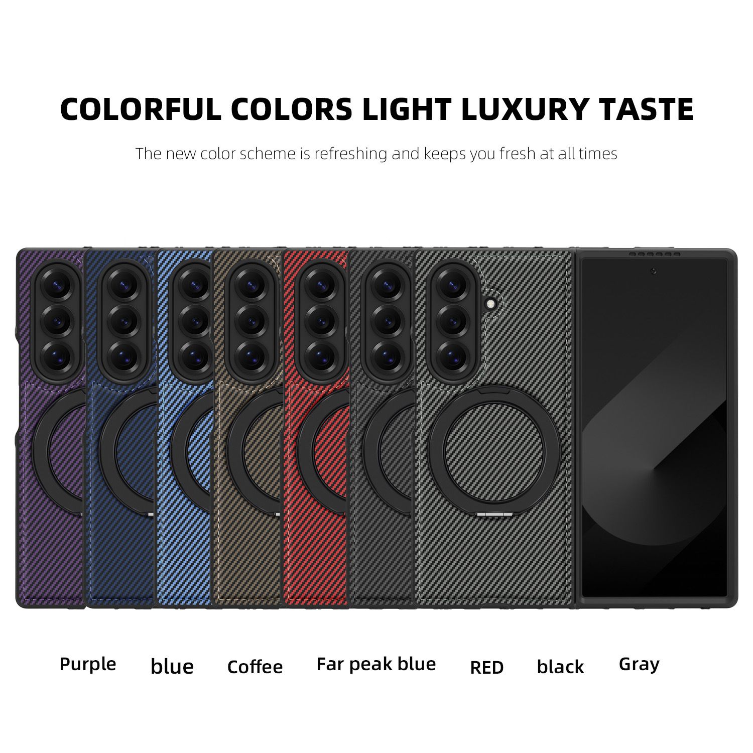 Carbon Fiber Folding Phone Case with Metal Ring Kickstand Holder Protective Back Cover Case for Samsung Galaxy Z Fold7 6 5 4 3
