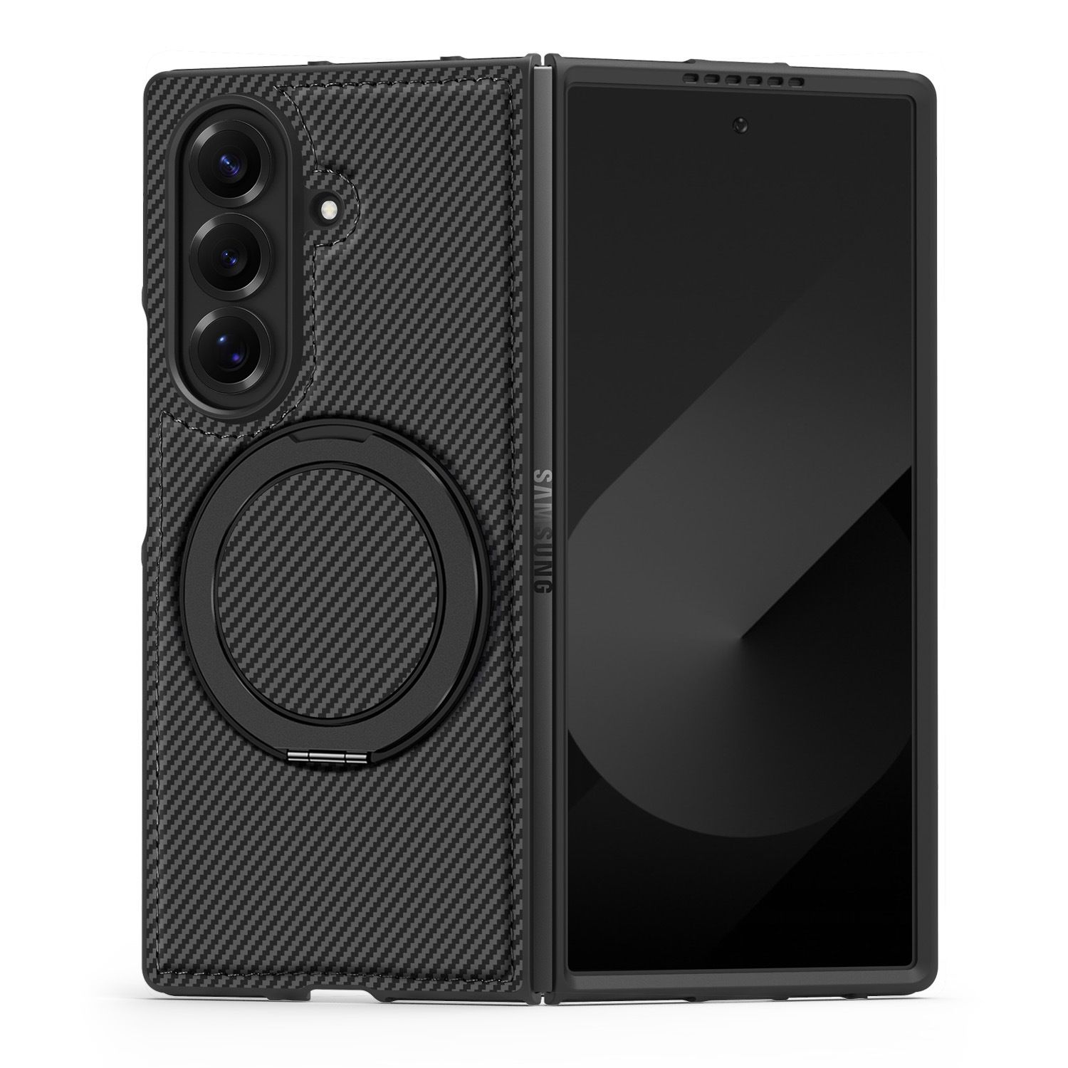 Carbon Fiber Folding Phone Case with Metal Ring Kickstand Holder Protective Back Cover Case for Samsung Galaxy Z Fold7 6 5 4 3