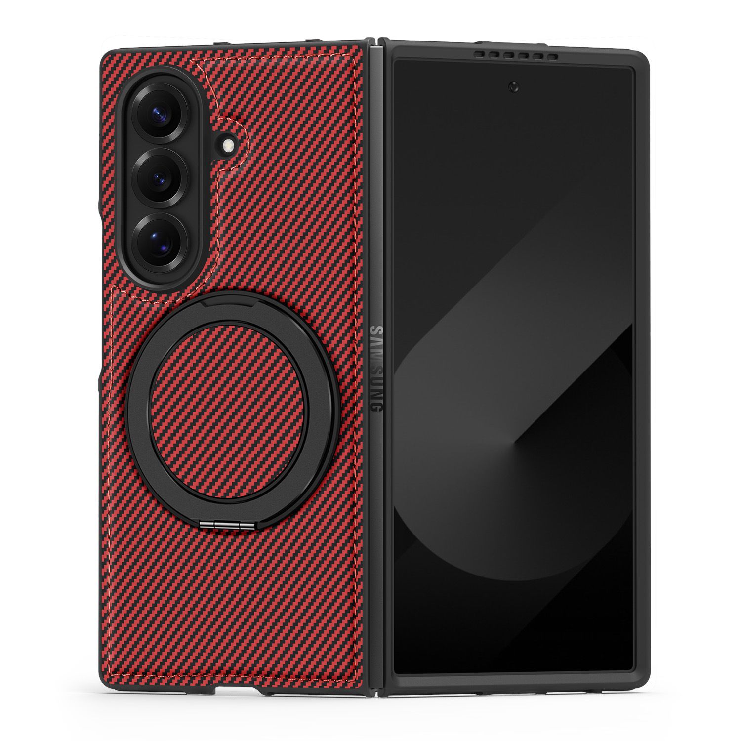 Carbon Fiber Folding Phone Case with Metal Ring Kickstand Holder Protective Back Cover Case for Samsung Galaxy Z Fold7 6 5 4 3