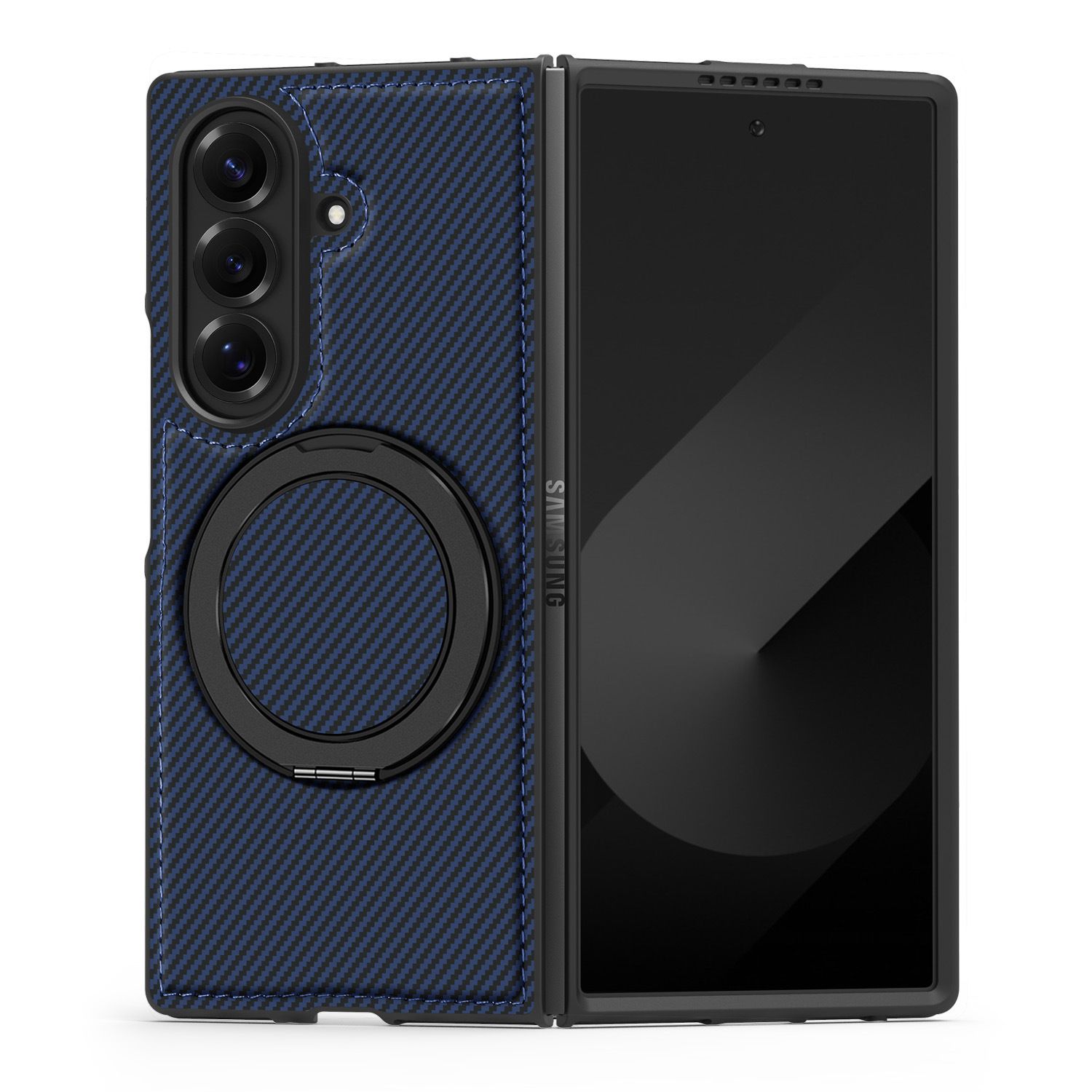 Carbon Fiber Folding Phone Case with Metal Ring Kickstand Holder Protective Back Cover Case for Samsung Galaxy Z Fold7 6 5 4 3