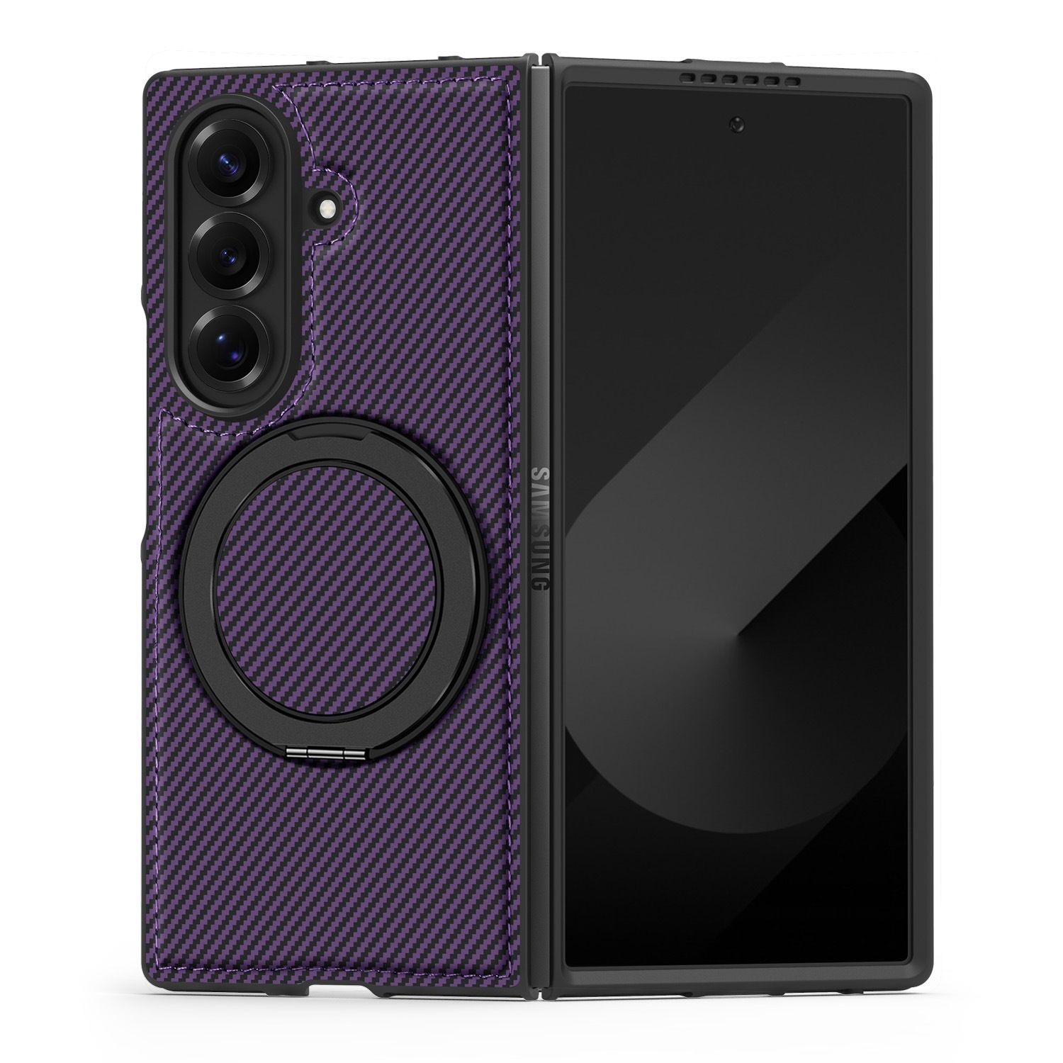 Carbon Fiber Folding Phone Case with Metal Ring Kickstand Holder Protective Back Cover Case for Samsung Galaxy Z Fold7 6 5 4 3