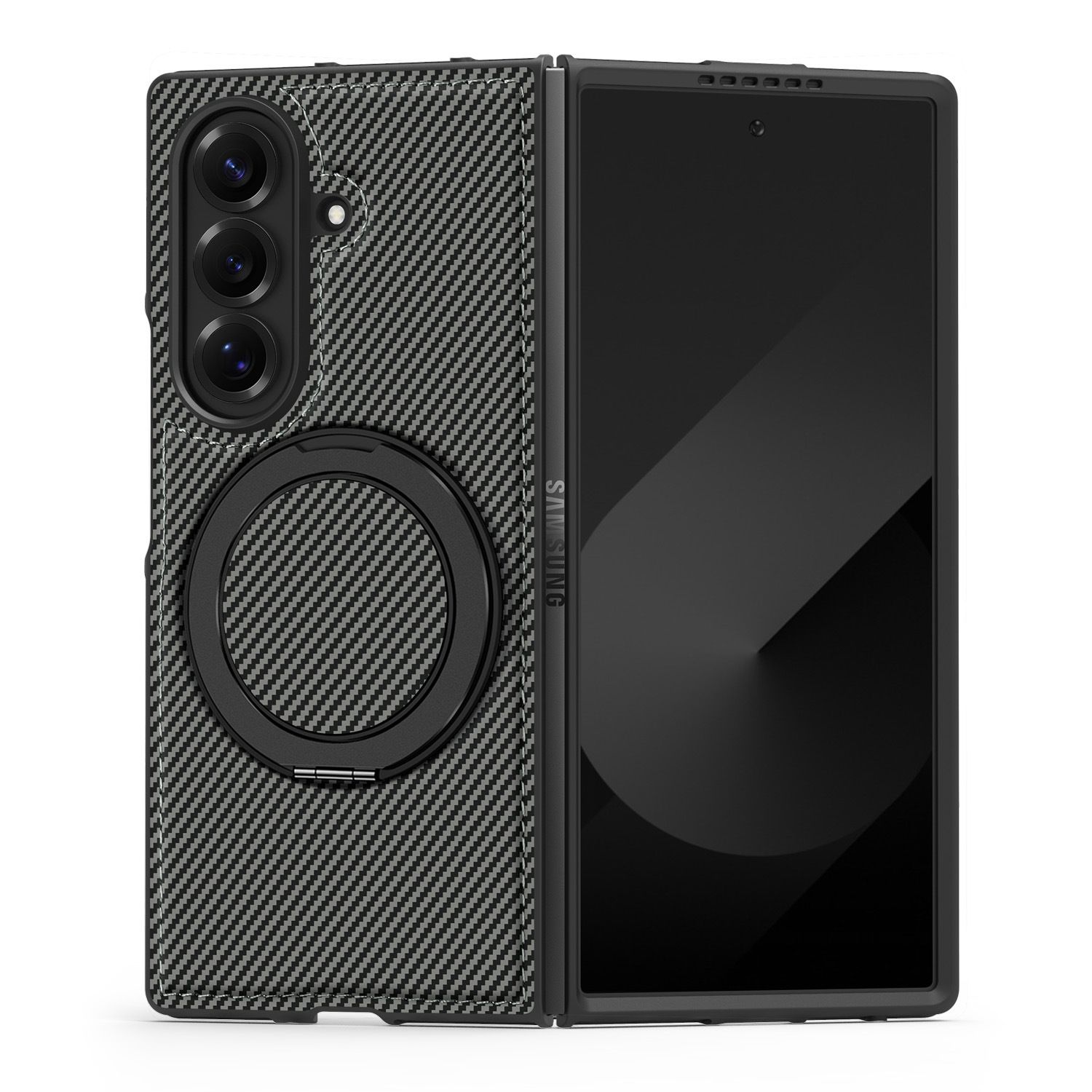 Carbon Fiber Folding Phone Case with Metal Ring Kickstand Holder Protective Back Cover Case for Samsung Galaxy Z Fold7 6 5 4 3