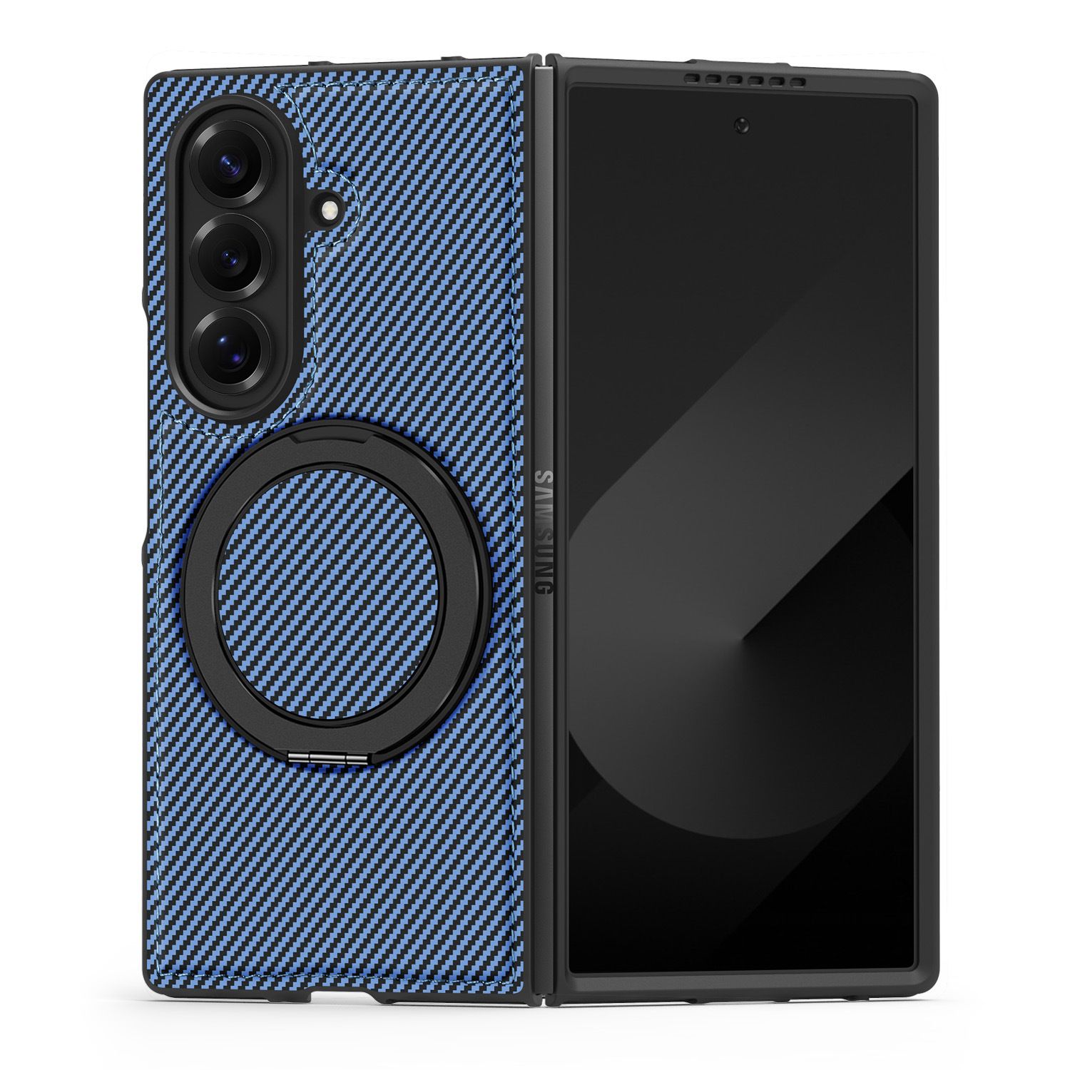 Carbon Fiber Folding Phone Case with Metal Ring Kickstand Holder Protective Back Cover Case for Samsung Galaxy Z Fold7 6 5 4 3