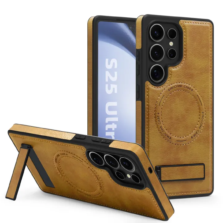 Magnetic Retro PU Leather Metal Kickstand Case for Samsung Galaxy S25 Plus S24 FE S23 Ultra Wireless Charging Shockproof Cover