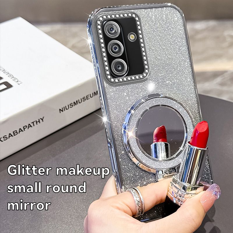 Glitter Electroplating Soft TPU Case with Mirror Stand Holder Bracket Mobile Phone Cover Case for Samsung Galaxy A07 A17 A06 A16 A26 A55 A35 A56 A36 A25 A33 S25 S24 S23 Ultra