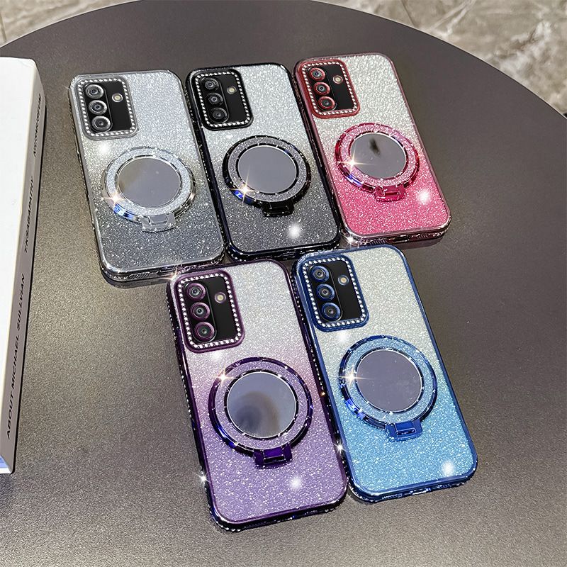 Glitter Electroplating Soft TPU Case with Mirror Stand Holder Bracket Mobile Phone Cover Case for Samsung Galaxy A07 A17 A06 A16 A26 A55 A35 A56 A36 A25 A33 S25 S24 S23 Ultra