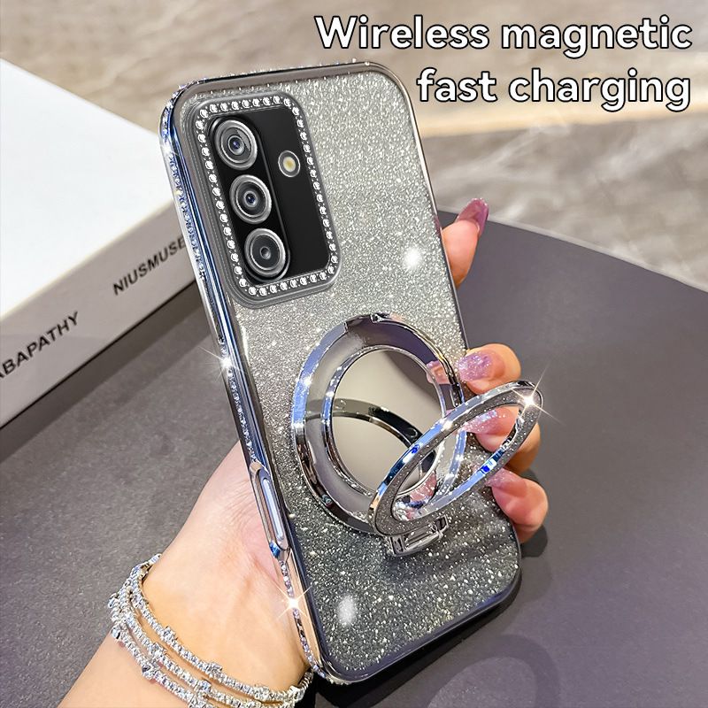 Glitter Electroplating Soft TPU Case with Mirror Stand Holder Bracket Mobile Phone Cover Case for Samsung Galaxy A07 A17 A06 A16 A26 A55 A35 A56 A36 A25 A33 S25 S24 S23 Ultra