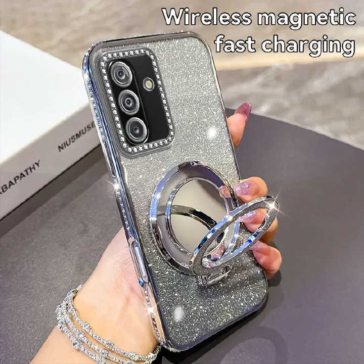 Glitter Electroplating Soft TPU Case with Mirror Stand Holder Bracket Mobile Phone Cover Case for Samsung Galaxy A07 A17 A06 A16 A26 A55 A35 A56 A36 A25 A33 S25 S24 S23 Ultra