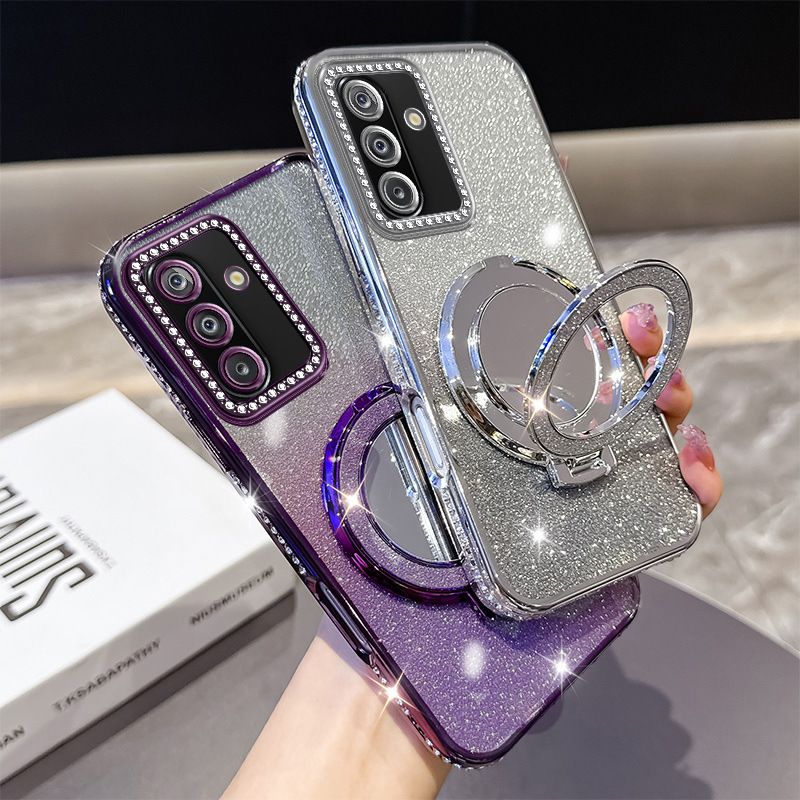 Glitter Electroplating Soft TPU Case with Mirror Stand Holder Bracket Mobile Phone Cover Case for Samsung Galaxy A07 A17 A06 A16 A26 A55 A35 A56 A36 A25 A33 S25 S24 S23 Ultra
