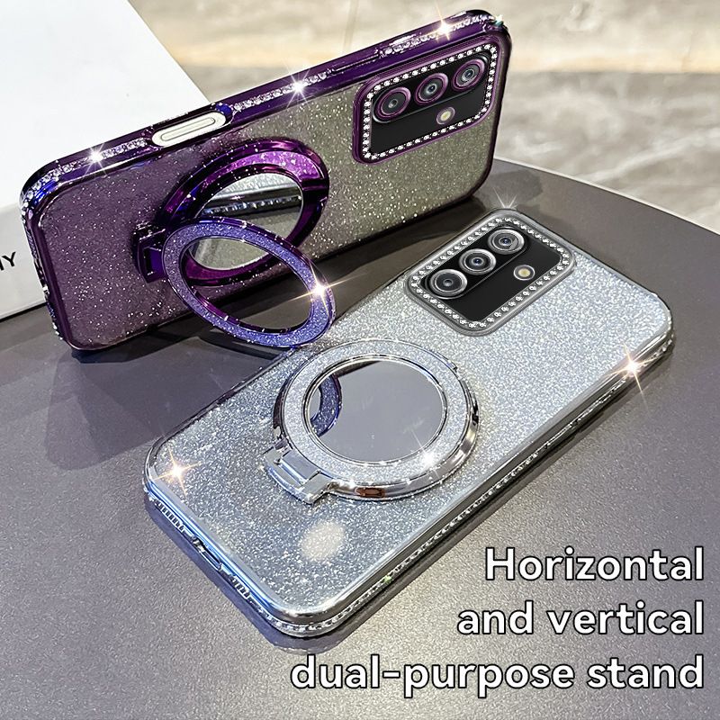 Glitter Electroplating Soft TPU Case with Mirror Stand Holder Bracket Mobile Phone Cover Case for Samsung Galaxy A07 A17 A06 A16 A26 A55 A35 A56 A36 A25 A33 S25 S24 S23 Ultra