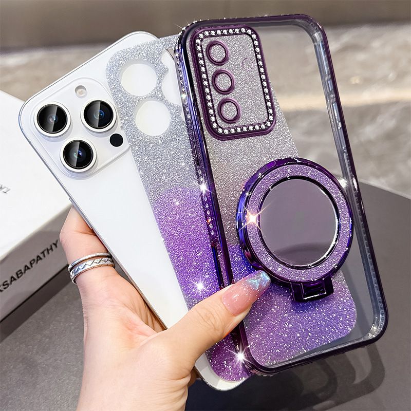 Glitter Electroplating Soft TPU Case with Mirror Stand Holder Bracket Mobile Phone Cover Case for Samsung Galaxy A07 A17 A06 A16 A26 A55 A35 A56 A36 A25 A33 S25 S24 S23 Ultra