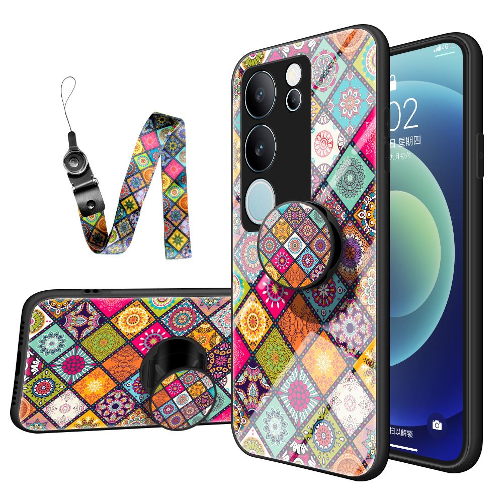 Vintage Floral Tempered Glass Phone Case for Vivo Y21D,V60 V50 V40 V30 Lite,Vivo Y29 Y19S Y28 Y17S V40 V30 V29 V27 Pro Flower Pattern with Strap Tempered Glass Back Phone case
