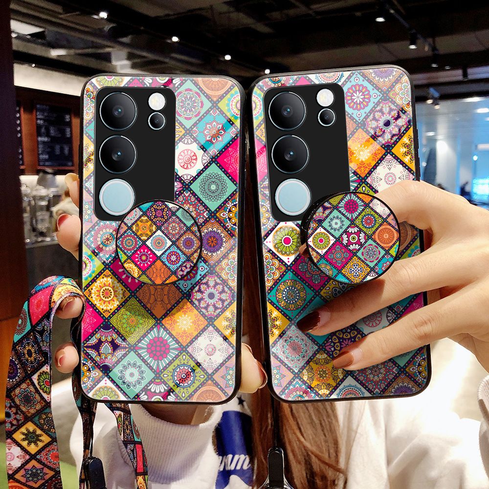 Vintage Floral Tempered Glass Phone Case for Vivo Y21D,V60 V50 V40 V30 Lite,Vivo Y29 Y19S Y28 Y17S V40 V30 V29 V27 Pro Flower Pattern with Strap Tempered Glass Back Phone case