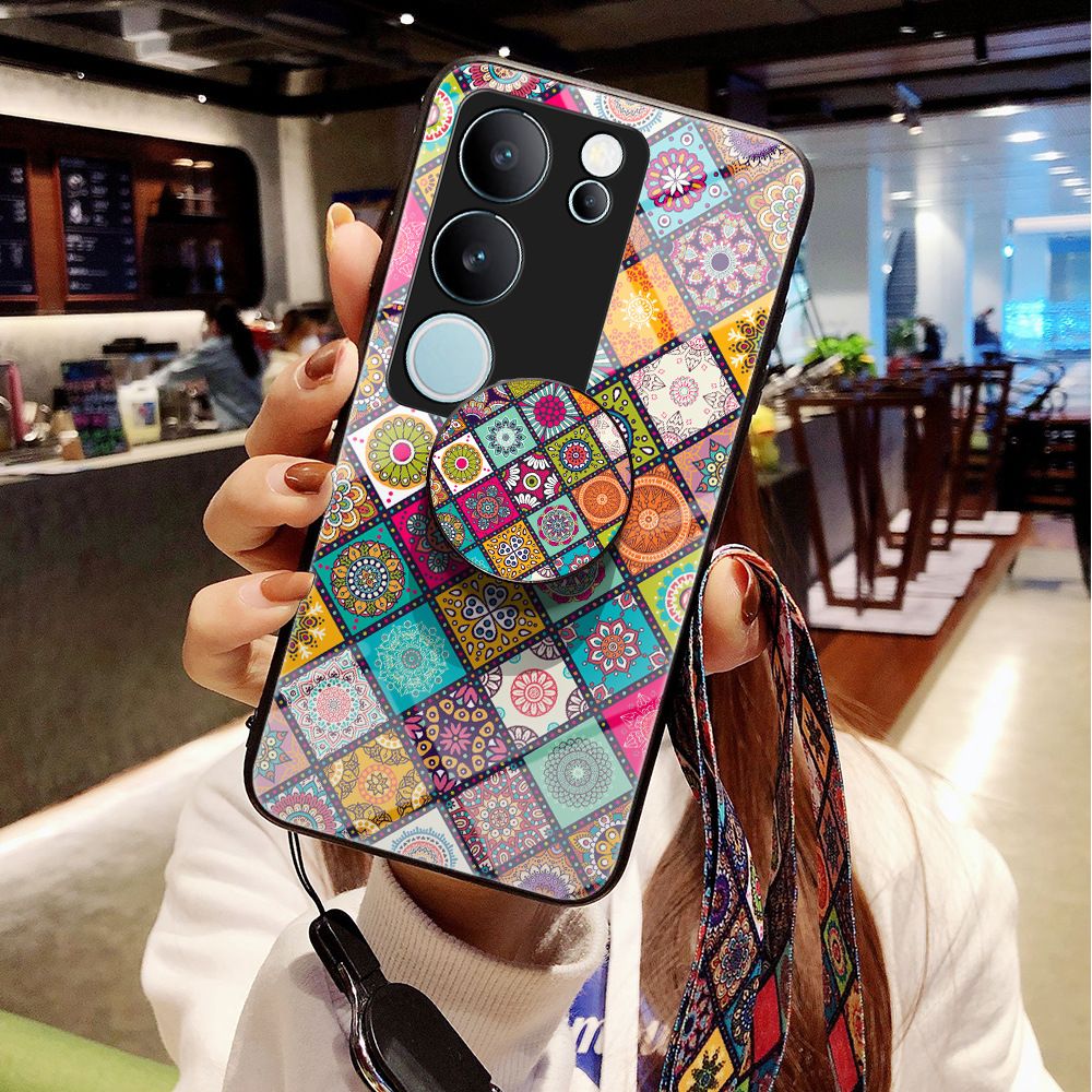 Vintage Floral Tempered Glass Phone Case for Vivo Y21D,V60 V50 V40 V30 Lite,Vivo Y29 Y19S Y28 Y17S V40 V30 V29 V27 Pro Flower Pattern with Strap Tempered Glass Back Phone case