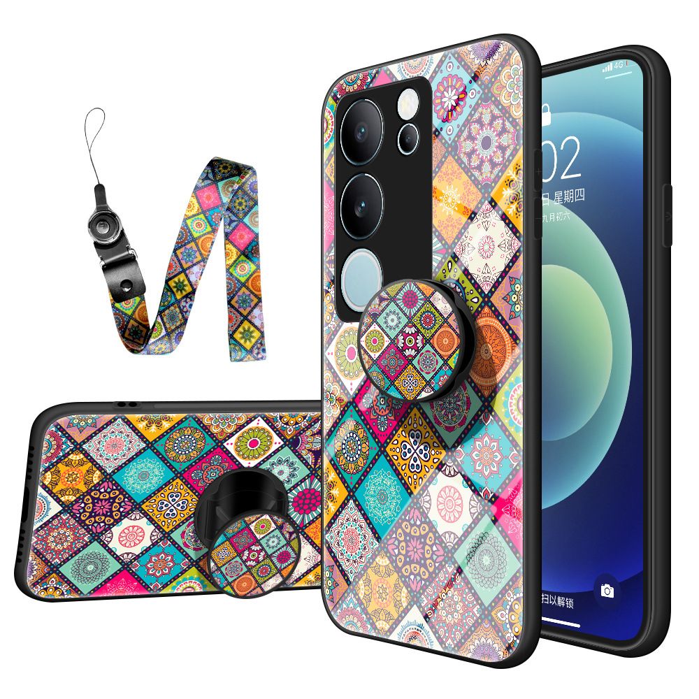 Vintage Floral Tempered Glass Phone Case for Vivo Y21D,V60 V50 V40 V30 Lite,Vivo Y29 Y19S Y28 Y17S V40 V30 V29 V27 Pro Flower Pattern with Strap Tempered Glass Back Phone case