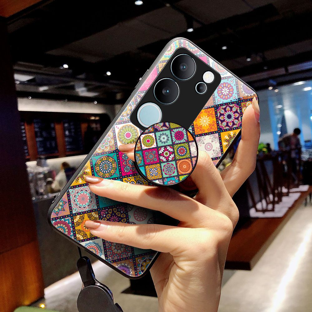 Vintage Floral Tempered Glass Phone Case for Vivo Y21D,V60 V50 V40 V30 Lite,Vivo Y29 Y19S Y28 Y17S V40 V30 V29 V27 Pro Flower Pattern with Strap Tempered Glass Back Phone case