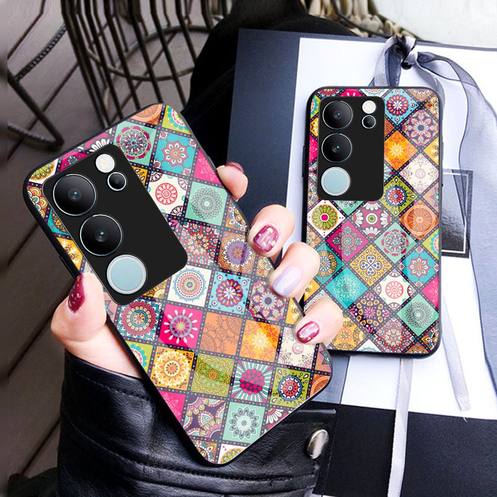 Vintage Floral Tempered Glass Phone Case for Vivo Y21D,V60 V50 V40 V30 Lite,Vivo Y29 Y19S Y28 Y17S V40 V30 V29 V27 Pro Flower Pattern with Strap Tempered Glass Back Phone case